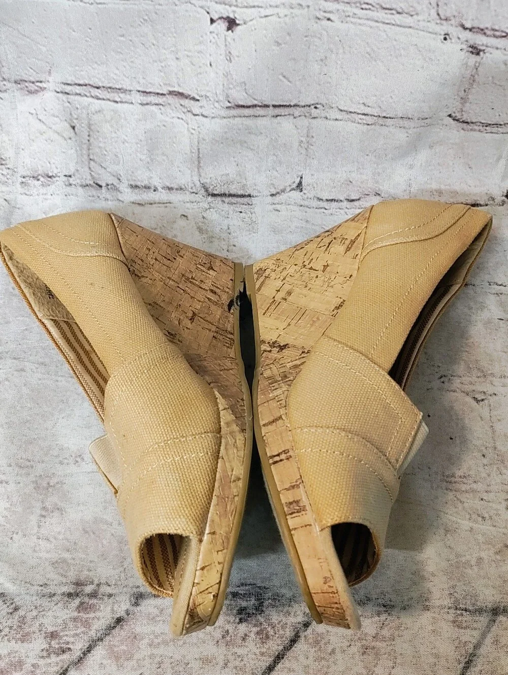 Rampage Y2K Platform Cork Wedge Peep Toe Canvas Heels Shoes 7 Beige